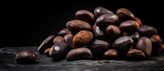 Poster - Dark chocolate covered nuts piled on a textured stone surface against a deep black background highlighting rich brown hues and shiny surfaces.