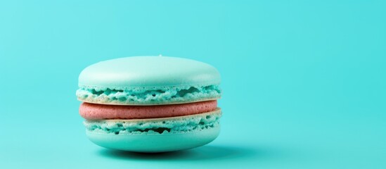 Poster - Closeup of a turquoise macaroon with a pink filling positioned to the right on a vivid turquoise background offering ample copy space