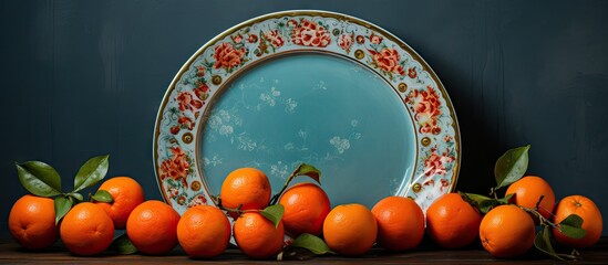 Poster - Vintage plate with floral patterns at center, surrounded by vibrant tangerines and red oranges on a dark wooden surface, soft blue background.
