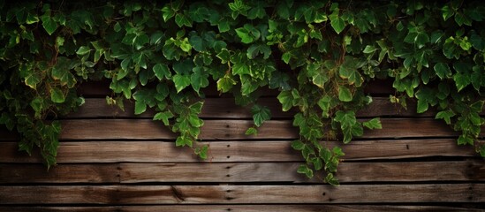 Poster - lush green climbing vines cascading over an old wooden fence with a dark background, creating a natu