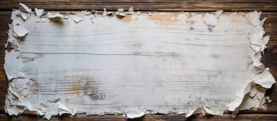 Aufkleber - Torn white paper on a rustic wooden background with dark and light brown tones creating a vintage look for blank space and decoration.