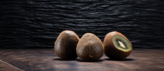 Poster - Three kiwis on a wooden board with a dark stone floor in the background and a textured marble wall creating a stylish contrast.