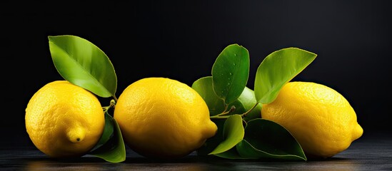 Poster - Vibrant yellow lemons with green leaves arranged horizontally on a dark backdrop highlighting freshness and organic beauty in a minimalist setting