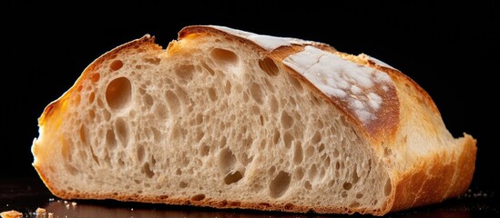 Poster - Isolated dry bread loaf with a golden crust and soft, airy interior against a black background, positioned slightly left, highlighting texture and detail.