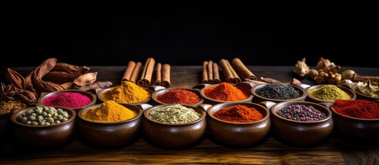 Aufkleber - Beautiful assortment of vibrant spices in wooden bowls arranged in a row with dark background showcasing earthy tones and texture of tableware.
