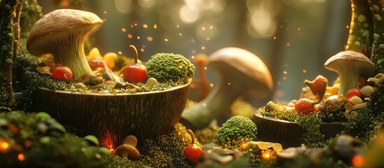 Poster - Vibrant forest scene with green broccoli and mushrooms in wooden bowls surrounded by moss and colorful vegetables illuminated by soft natural light