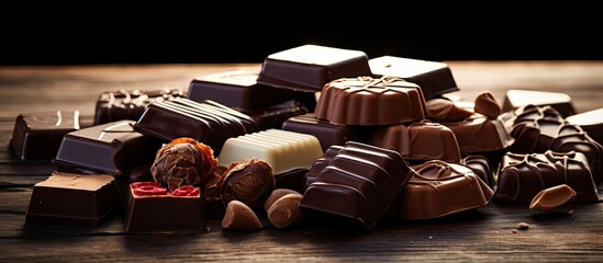 Poster - Rich assortment of chocolates arranged artistically on a rustic wooden surface illuminated by soft natural light creating ample copy space