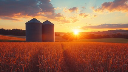 Two large silos rise majestically in a sprawling field, illuminated by a breathtaking sunset. The vibrant hues of orange and gold create a picturesque rural ambiance at dusk