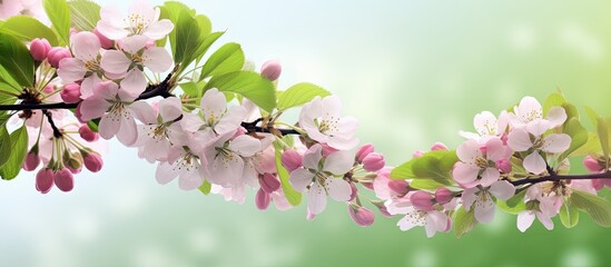 Aufkleber - Delicate spring blossoms on vibrant green branches with soft pink and white flowers creating a serene natural backdrop in blurred light.
