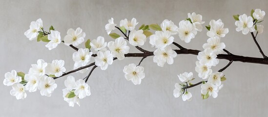 Poster - Delicate white cherry blossom branch with green leaves on a soft grey background creating a serene and tranquil atmosphere in the composition.