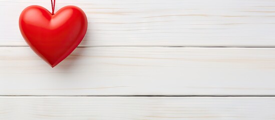 Poster - Red toy heart hanging centrally in the frame against a soft white wooden background providing ample copy space on the right side for text.