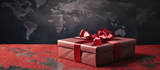 Poster - Red gift box with a bow positioned centrally on a textured red surface against a dark grunge world map background creating ideal copy space.