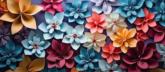 Aufkleber - Colorful origami flowers in shades of pink, blue, and orange arranged on a vibrant backdrop with ample copy space for creative use.