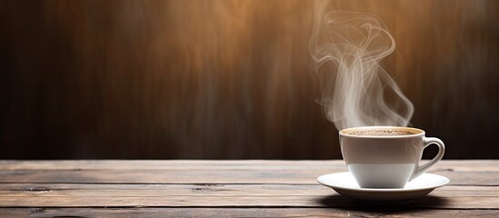 Poster - Steamy cup of coffee on a rustic wooden table with warm brown tones and soft smoke, ideal for inviting text or quotes on the left space