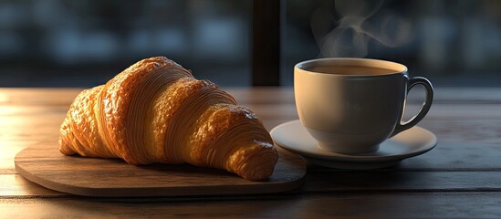 Poster - Warm golden croissant beside a steaming white coffee cup on a wooden board with soft morning light casting gentle shadows. Perfect breakfast scene.