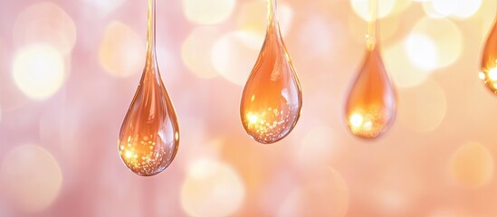 Aufkleber - Golden liquid droplets suspended against a soft pastel pink background with a bokeh effect, creating an ethereal and dreamy ambiance.