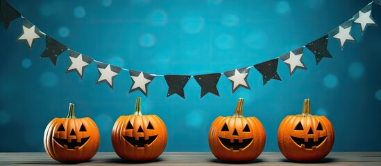 Poster - Halloween-themed scene featuring four smiling orange pumpkins with carved faces, decorated with a black and white star banner against a teal backdrop.
