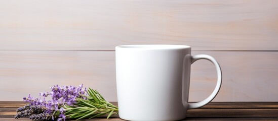 Poster - White ceramic cup filled with herbal tea placed on a wooden background beside fresh lavender flowers with soft natural lighting and ample copy space