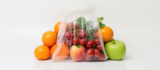 Poster - Eco-friendly fruit assortment contained in a transparent bag with vibrant red apples green apple and oranges on a bright white background.