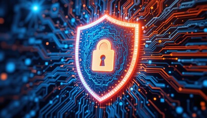 Fototapete - Cybersecurity Shield, A digital shield glows with vibrant blue and orange hues, symbolizing robust protection within a complex network of circuits. It evokes a sense of security, resilience, 8k image