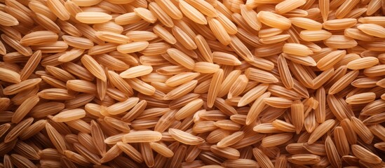 Poster - Uncooked brown rice scattered on a dark surface exemplifying healthy food choices with a warm brown color palette and a close-up perspective.