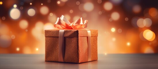 Poster - Close up of a brown gift box with a pink ribbon on a wooden surface, set against a soft bokeh background in warm orange and gold tones.