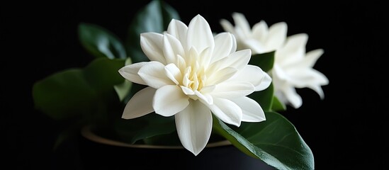 Aufkleber - Elegant white flower in full bloom with lush green leaves in a sleek black pot against a simple black background creating a serene atmosphere