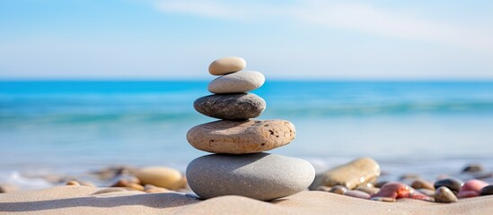 Poster - Serene stacked stones on sandy beach with calm turquoise ocean in background soft blue sky highlights tranquility and relaxation in composition