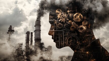 Poster - A mans profile silhouette showing a factory with gears and smoke inside his head, depicting industrial imagination.