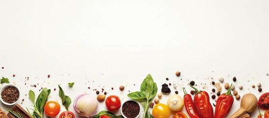 Poster - Vibrant vegetables and herbs arranged at the bottom of a clean white background with scattered spices for culinary themes and presentations
