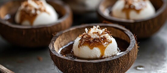 Poster - Coconut ice cream scoops in brown coconut shells with dark syrup and toasted coconut flakes on grey background appealing for summer desserts