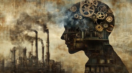 Poster - A mans profile silhouette showing a factory with gears and smoke inside his head, depicting industrial imagination.