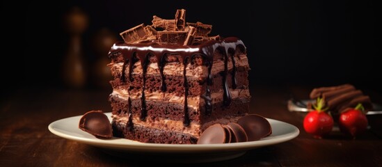 Poster - Decadent dark chocolate layer cake on a white plate, garnished with chocolate shavings and strawberries, rich textures against dark background