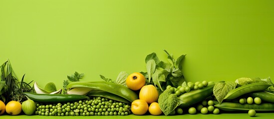 Poster - Vibrant green arrangement of fresh peas and citrus fruits with leafy herbs on a bright green background ideal for healthy eating concepts