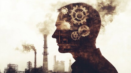 Poster - A mans profile silhouette showing a factory with gears and smoke inside his head, depicting industrial imagination.
