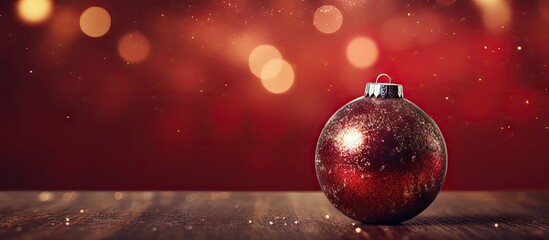 Poster - A beautifully lit red Christmas ornament on a wooden table with a blurred festive backdrop and soft bokeh effect creating a warm atmosphere.