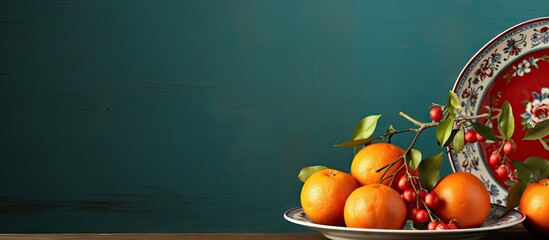 Poster - Vintage plate displaying vibrant tangerines and red oranges on a dark teal background with green leaves positioned on the left side.