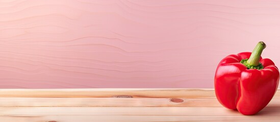 Poster - Vibrant red bell pepper positioned on soft pink wooden surface with ample copy space ideal for fresh food promotions or recipe backgrounds.
