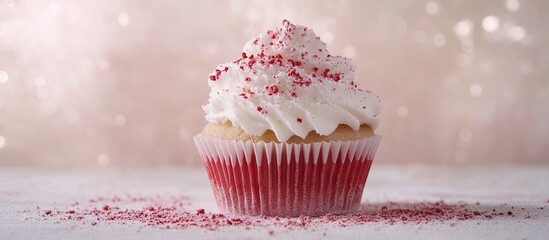 Poster - Delicious cupcake with red and white frosting topped with sprinkles on a light pink blurred background ideal for celebrations and birthdays