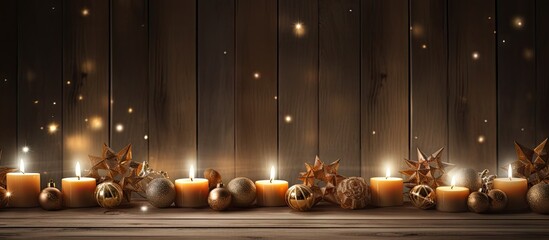 Aufkleber - Rustic wooden background adorned with glowing candles in warm orange hues, surrounded by autumn leaves and decorative accents, creating a cozy ambiance.