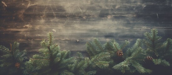 Poster - Festive Christmas tree branches with pinecones positioned at the bottom against a muted vintage wooden background in warm earthy tones