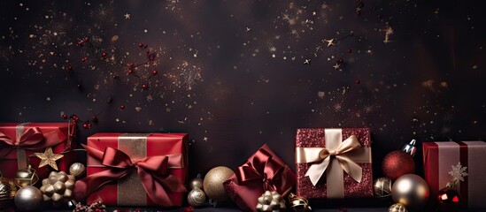 Aufkleber - Elegant flat lay of red Christmas gift boxes with gold ribbons on a dark background adorned with shiny ornaments and scattered sparkles.