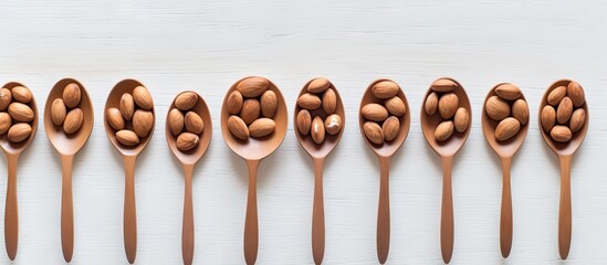 Aufkleber - Arranged peeled cedar nuts in wooden spoons on a light wooden table, viewed from above, featuring natural tones and a harmonious layout.