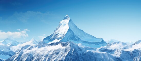 Poster - Majestic snow-capped mountain peak reaching into clear blue skies with soft white clouds gently surrounding its summit in serene landscape.