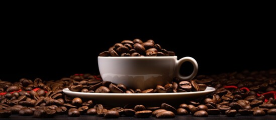 Poster - White cup and saucer filled with dark coffee beans positioned in the center of a black background with scattered coffee beans around it