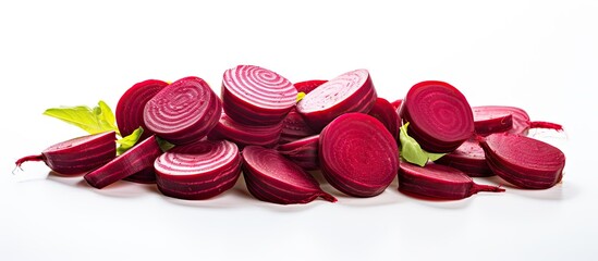 Aufkleber - Freshly sliced vibrant red beets arranged artistically on a clean white background with green leaves accentuating the natural colors and textures.