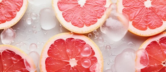Poster - Top down view of bright pink grapefruit slices surrounded by ice cubes on a light background with water droplets and ample copy space for text