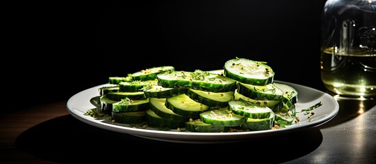 Aufkleber - Cucumber pickles artfully arranged on a white plate against a dark background with subtle highlights and a hint of olive oil in the backdrop
