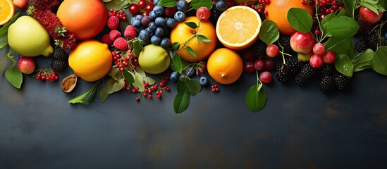 Poster - Vibrant arrangement of assorted fruits like oranges, apples, and berries with lush green leaves on a dark tiled background creating a fresh and inviting scene.
