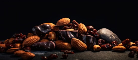 Poster - Aarrangement of dark chocolate covered nuts in various shades of brown on a textured stone surface with a black background creating contrast